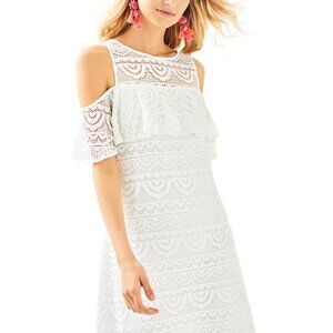 Lilly Pulitzer Lyra White Lace Ruffle Trim Cold Shoulder Mini Dress S